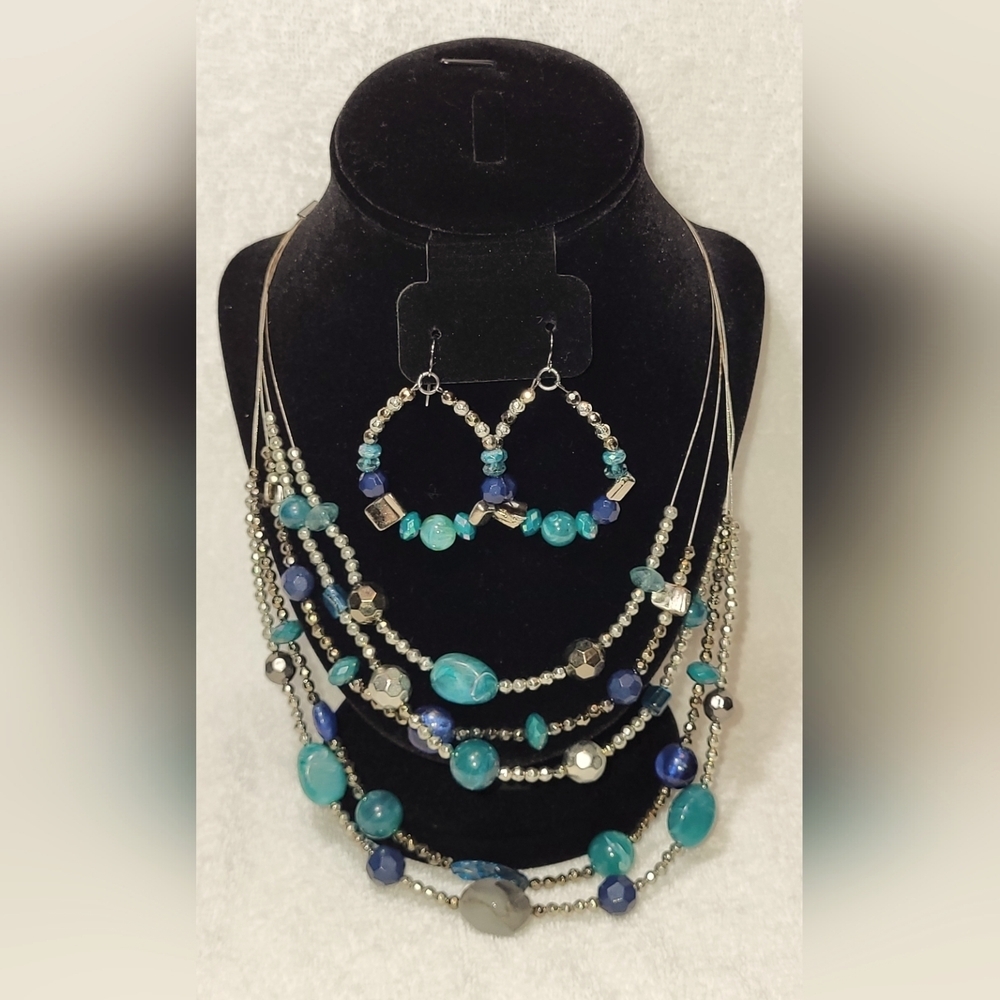 RUBY RD. Teal Beaded Wire Necklace and Hoop Earrings Set / Pierced